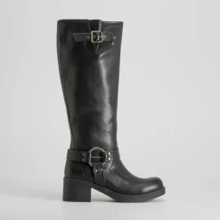 Online Bota motera tacón negra Mujer Botas Tacón