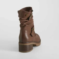 New Botín biker doble hebilla marrón Mujer Botines Tacón