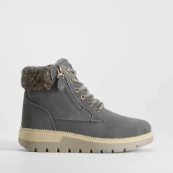 Hot Botín cordón cuello lana gris Mujer Botines Planos