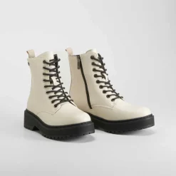 New Botín militar blanco Mujer Botines Planos