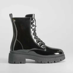 Hot Botín militar charol negro Mujer Botines Planos