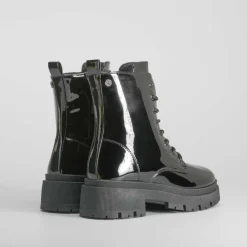 Hot Botín militar charol negro Mujer Botines Planos