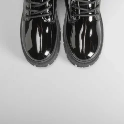 Hot Botín militar charol negro Mujer Botines Planos