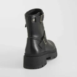 New Botín motero negro Mujer Botines Planos