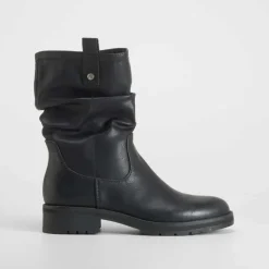 Online Botín plisado negro Mujer Botines Planos