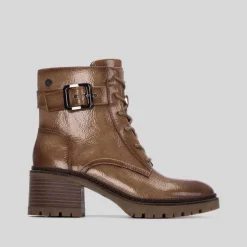 Online Botín tacón cordón charol beige Mujer Botines Tacón