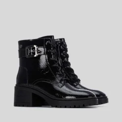 Online Botín tacón cordón charol negro Mujer Botines Tacón