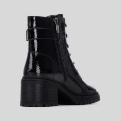 Online Botín tacón cordón charol negro Mujer Botines Tacón