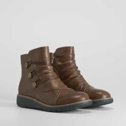 New Botín taupe botones y plisados Mujer Botines Planos