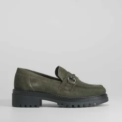 Mocasín piel hebilla verde Mujer Mocasines