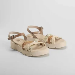 Clearance Sandalia cuña de piel beige OH GIRL Sandalias