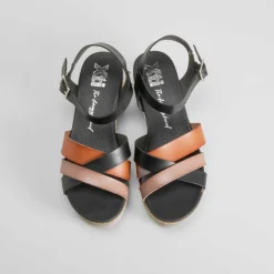 New Sandalia de cuña de tiras marrón y negra Mujer Sandalias Cuña