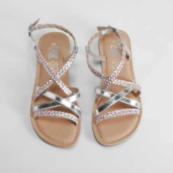 Outlet Sandalia de piel cruce trenzada plata OH GIRL Sandalias