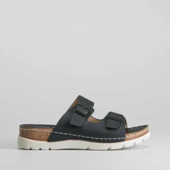 Sale Sandalia de piel destalonada negra Mujer Sandalias Confort|Sandalias Planas