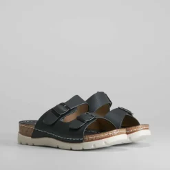 Sale Sandalia de piel destalonada negra Mujer Sandalias Confort|Sandalias Planas