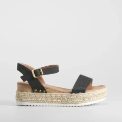 Discount Sandalia de yute y madera negra Mujer Sandalias Cuña