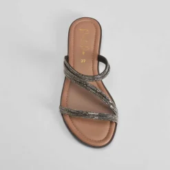 Sale Sandalia plana tiras brillo negra PICCOLA PIU Mujer Sandalias Planas