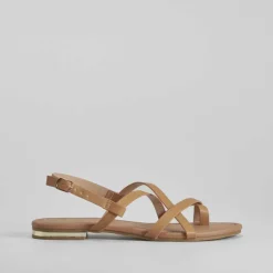 New Sandalia plana tiras camel PICCOLA PIU Mujer Sandalias Planas