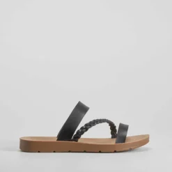 Hot Sandalia plana trenza negra Mujer Sandalias Planas
