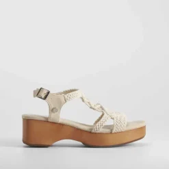 New Sandalia tacón madera macramé blanca Mujer Sandalias Tacón