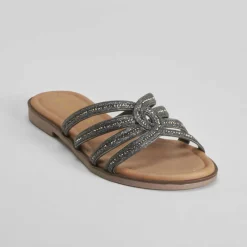 Online Sandalia tiras brillo negra PICCOLA PIU Mujer Sandalias Planas