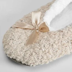 Online Slippers de mujer forradas beige lazo Mujer Calcetines|Zapatillas Casa